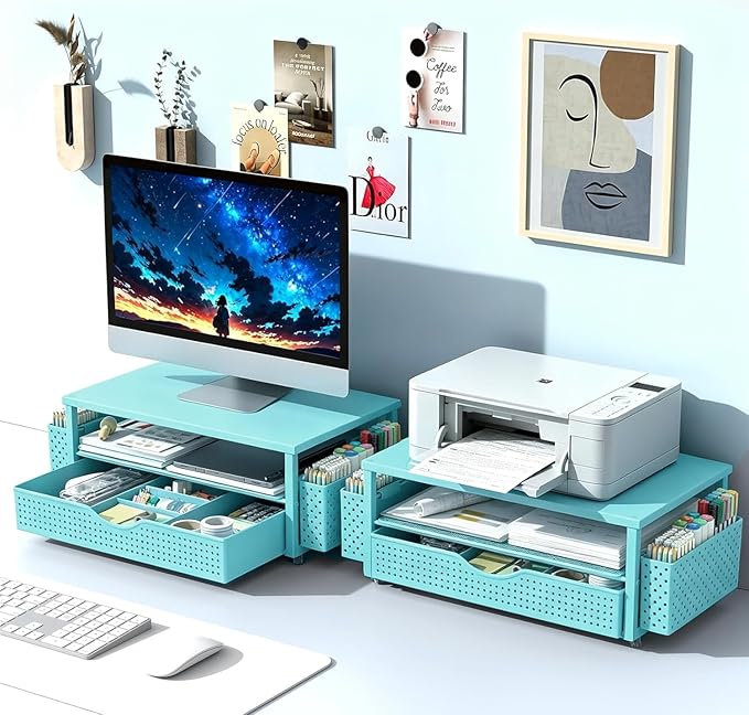 Spacrea Desk Organizer and Accessories, Computer Monitor Stand Riser with Drawer and 2 Pen Holders, Office Desk Accessories & Workspace Organizers for Office Supplies (Blue)