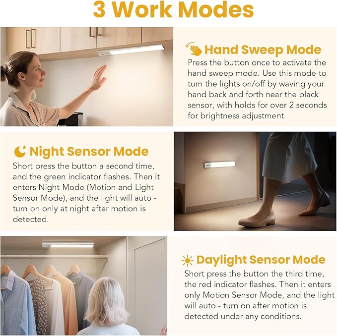 11.8 inch Under Cabinet Lighting with Hand Wave, 78 LED Motion Sensor Light, Rechargeable Closet Lights with 3 Color Temps, Dimming Magnetic Strip Night Lights for Kitchen, Wardrobe, Stairs (2 Pack)