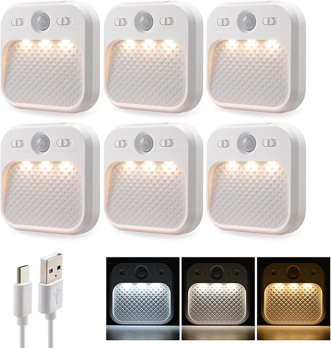 Motion Sensor Night Light 6 Pack, Rechargeable Magnetic Night Light with 3 Color Temperatures & Stepless Dimming, Timer Function, Soft Downward Anti-Glare Light for Hallway Stairs Closet Bedroom RV