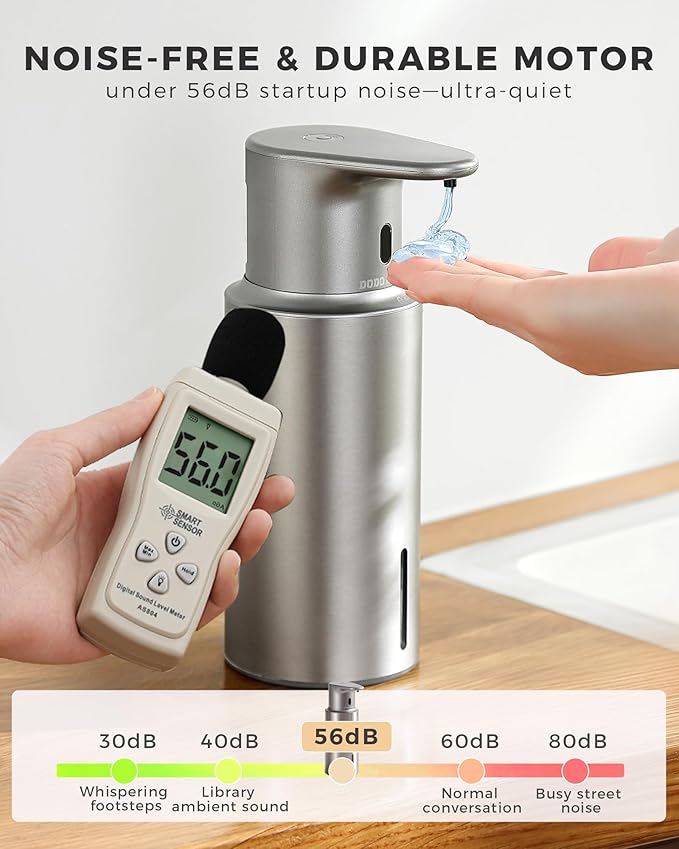 Automatic Liquid Soap Dispenser Touchless, 304 Stainless Steel Bottle Body &16.2oz/480ml Rechargeable, 3 Adjustable Liquid Levels, IPX7 Waterproof, for Kitchen Bathroom, Stainless Steel