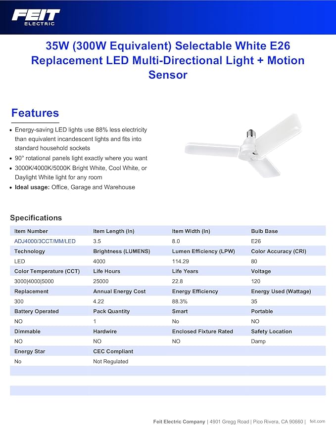 Feit Electric LED Garage Light, Multiple Adjustable Panels, E26 Base, Ideal for Garage, Workshop, Shed, 25,000-Hour Lifetime