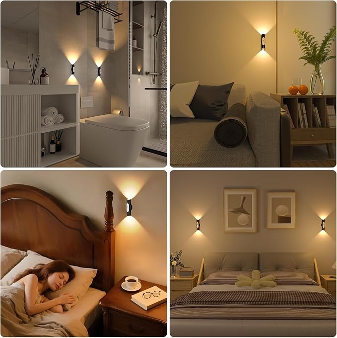 WOBSION Motion Sensor Wall Light with Remote Control, Rechargeable Wireless Wall Sconce, Brightness Adjustable, 3 Color Mode,Indoor Lamp for Hallway, Bedroom,Picture,LED,Black,2 Pack
