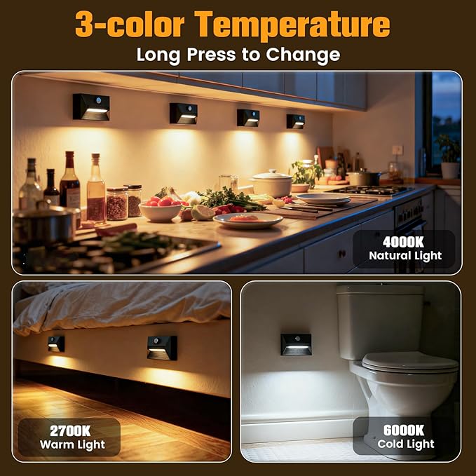 VOLISUN Motion Sensor Stair Light Rechargeable 8 Pack, Night Lights 3 Modes & 3 Color Temperatures, Magnetic Rechargeable Stick-On Lights for Stairs, Hallway, Cabinet(Black)