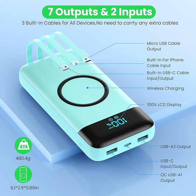 Wireless Portable Charger 40800mAh for iPhone with 3 Built-in Cables,7-in-1 15W Wireless Charging USB C Power Bank,25W PD Fast Charging Travel Essential Battery Pack for iPhone 17/16/15,Android-Green