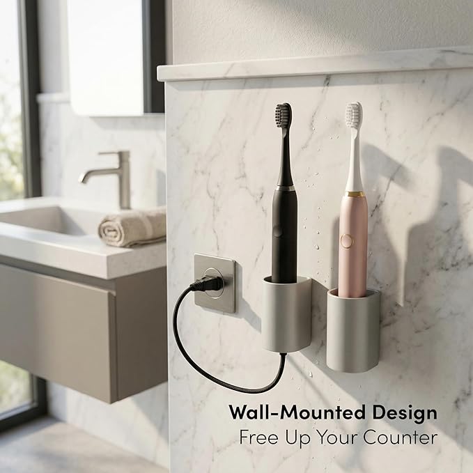 xympo Aluminum Electric Toothbrush Holder (2-Pack) – Wall Mount with Charging Cable Slot – Self Adhesive, Minimalist Design, Fits Most Electric Toothbrushes