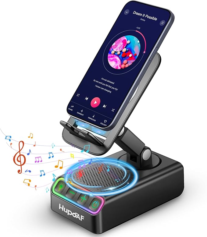 Hupoaf Adjustable Cell Phone Stand with Wireless Induction Bluetooth Speaker, HD Surround Sound for Home and Outdoors, Compatible with iPhone/Samsung Galaxy, 2026 Birthday Gifts for Men Women Dad Mom
