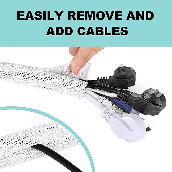 AGPTEK Cable Sleeve, 2Pack 5ft - 1.6 inch Cable Management Desk Cord Cover Organizer Wire Hider for Home Office Computer TV Wire Loom Tubing Pet Proof Cord Protector from Cat Dog Chewing, White