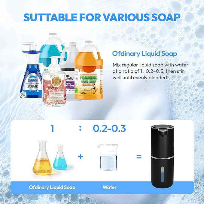 Automatic Soap Dispenser Touchless,Liquid Hand Soap Dispenser 12.8oz USB 4levels Adjustable Dispenser Electric Wall Mounted Smart for Bathroom and Kitchen Dish Soap，Easy for Toddlers(Black)