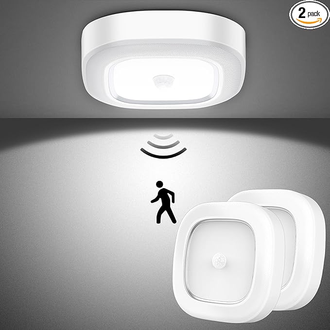WhitePoplar Closet Light, Battery Operated Ceiling Motion Sensor LED Light, 300LM Indoor Wireless, for Hallway, Garage, Stairway, Pantry, Shed Wall, 2 Pack