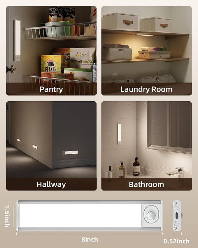 8inch Under Cabinet Lighting Wireless, 3-Pack Rechargeable Battery Motion Sensor Light Indoor, LED Closet Lights USB Charging, 3 Color Dimmable Under Cabinet Lights for Kitchen, Cabinet, Wardrobe.