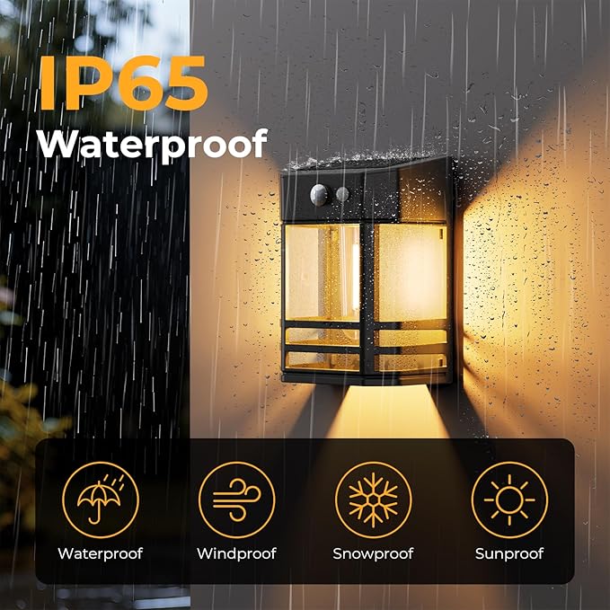 btfarm Solar Wall Lights Outdoor,3 Modes Motion Sensor Lights Dusk to Dawn, IP65 Waterproof Porch Light Solar Powered, 1200mAh Wireless Wall Mount Sconces for Outside Patio, Garage, Yard