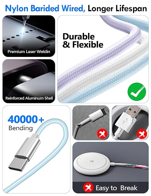 2 Pack Multi Charging Cable Cord for Travel Essentials,Apple Watch Charger,iPhone Charger,[3-in-2] Type C/L Cable Portable Designed for iWatch,iPhone 17-8,Galaxy S25-21,AirPods,iPad-4FT Blue