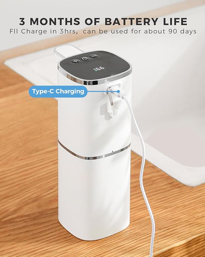 Automatic Foaming Soap Dispenser, 13.5oz/400mL, USB Rechargeable, 9-Adjustable Foam Levels, IPX5 Waterproof, Touchless & Wall/Tabletop Use for Kitchen Bathroom, White