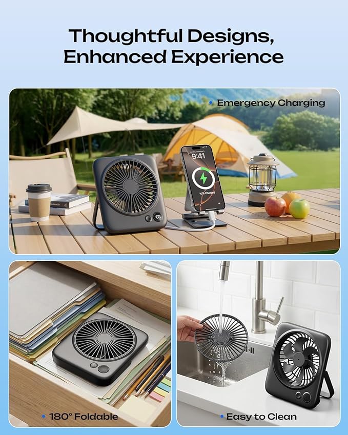 Otlonpe Portable Desk Fan 6.5 Inch, 4000mAh Rechargeable Battery Operated & USB Powered, 23Hrs Cordless Small Personal Fan 4-Speed Quiet for Office Travel Home Sleeping, Led Display, Foldable (Black)