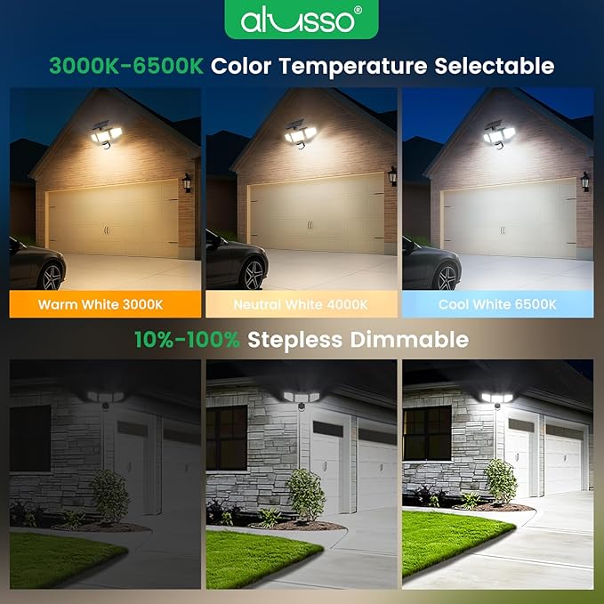 ALUSSO Solar Lights Outdoor Motion Sensor, 400LM LED Security Lights w/Remote, Dusk to Dawn/Auto/On Time Modes, CCT Adjustable 3000K-6500K, Dimmable IP54 Flood Wall Light for Garden Yard(1 Pack)