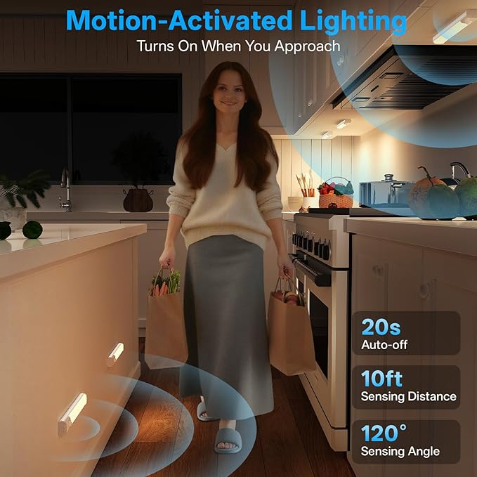 Under Cabinet Lighting with Charging Station,Rechargeable Motion Sensor Light Indoor,LED Closet Lights,3 Colors Dimmable,Magnetic for Kitchen,Wardrobe,Bedroom,Drawer 6Pack