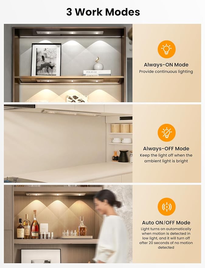 LED Under Cabinet Light, Under Counter Dimmable Lighting with Motion Sensor, USB Rechargeable Motion Sensor Light, Cat’s Eye Hill Corrugated Effect, for Display Cabinet, Showcase, Wine Cabinet