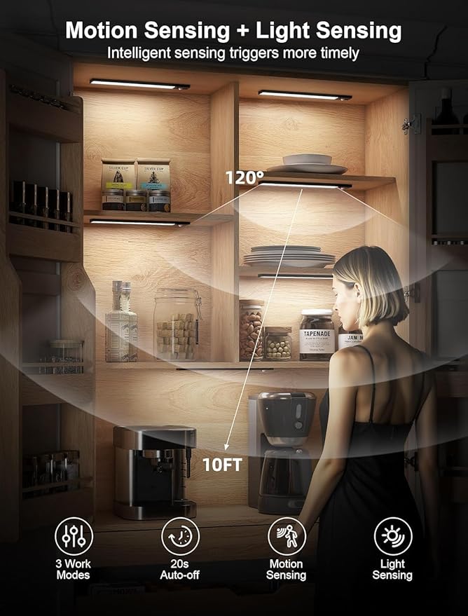 5Pack Under Cabinet Lighting wireless, 3000mAhunder cabinet lights rechargeable, 8inch Magnetic Closet Lights with Dimmable & 3 Color Temps, Cabinet lights with Remote under counter lights for kitchen