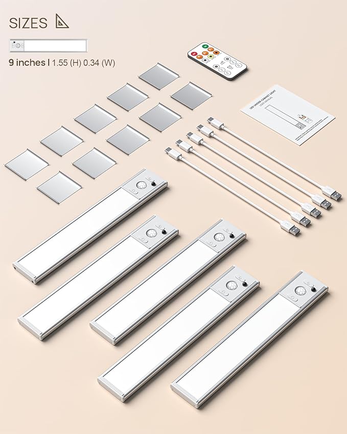 9inch Under Cabinet Lighting Wireless, Rechargeable Motion Sensor Indoor Light, 3 Color Temps & Dimmable Closet Lights with Remote, Magnetic Under Counter Light for Kitchen, Stairs, Wardrobe, 5 Pack