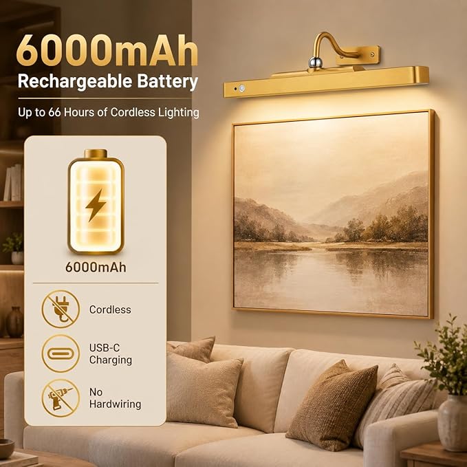 TANBABY 6000mAh Rechargeable LED Picture Lights with Motion Sensor, 3 Color Temps & 5 Levels Brightness Art Light, Cordless Remote Control Magnetic Wall Light for Hallway, Living Room(Gold-2Pack)