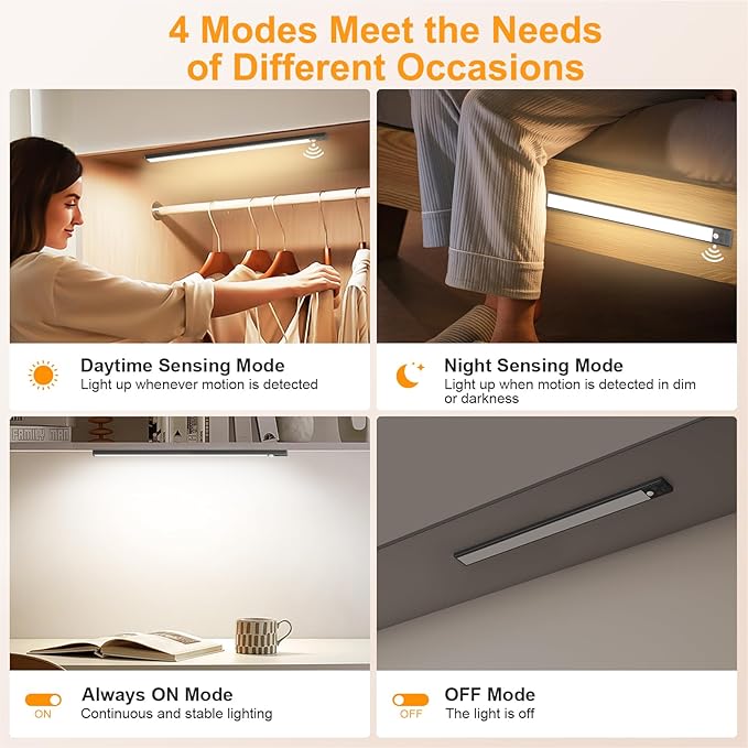 Gritin 14.7inch Under Cabinet Lighting Rechargeable 2 Pack- 3 Color Temps&5 Level Brightness, Super Bright, 4 Modes, Motion Sensor, Long Lasting - Easy Installation Magnetic Under Closet Lights-Black