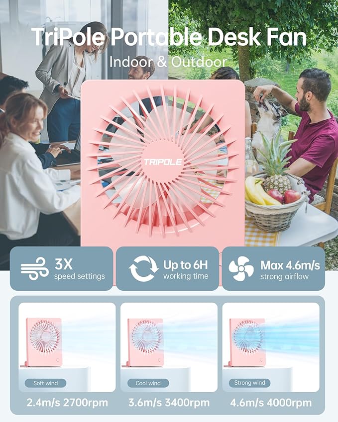 TriPole Mini Portable Desk Fan Rechargeable Ultra Quiet Small Fan 4.5 Inch Personal Travel Fan with 180° Tilt Folding and 3 Speeds Adjustable for Office Desktop Bedroom (Pink)
