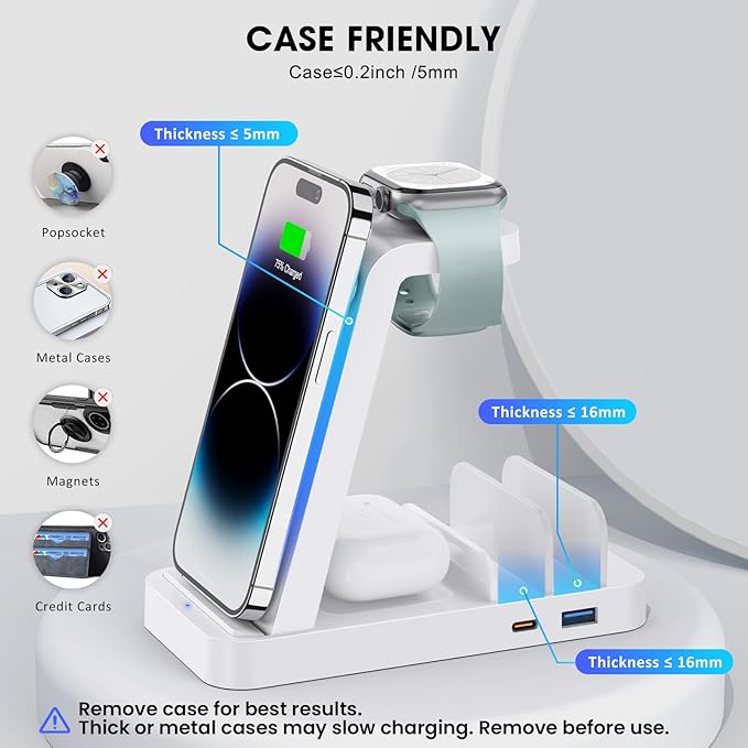 GAUOLN Wireless Charger for iPhone - 5 in 1 Charging Station for Multiple Devices Apple: Fast Wireless Charging Stand Dock for iPhone 17 16e 16 15 14 13 12 Pro Max Apple Watch Airpods(White)