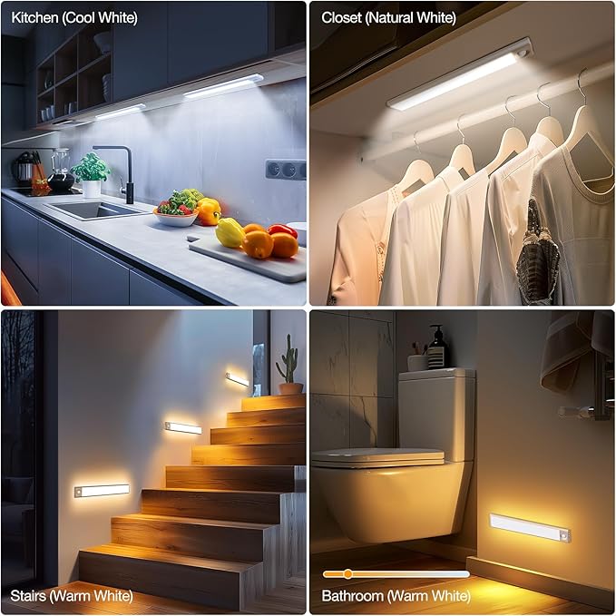 Under Cabinet Lighting, Rechargeable Battery Operated Motion Sensor Light Indoor with 3 Color Tempers Dimmable, Magnetic Closet Light, Wireless Under Counter Lights for Kitchen, Stairs, 3 Pack