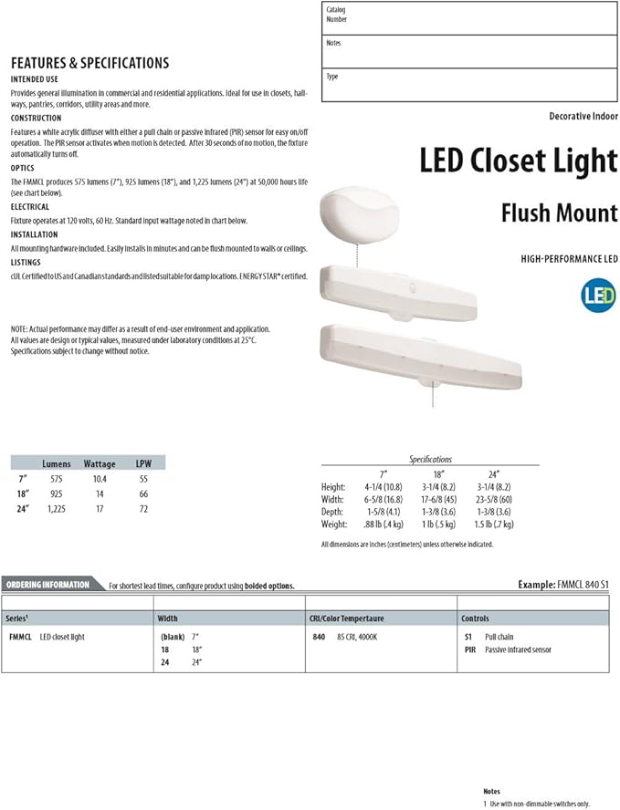 Lithonia Lighting FMMCL 24 840 S1 M4 LED Flush Mount Closet Light with Pull Chain, White, 24"
