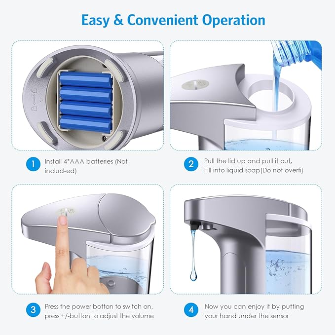 AMIR 12.5oz Touchless Automatic Soap Dispenser, Battery Operated Automatic Liquid Hand Soap Dispenser, Adjustable Volume, Water-Resistant for Kitchen and Bathroom