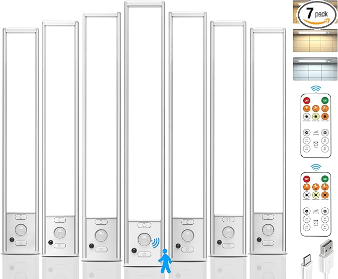 Under Cabinet Lighting Wireless, 12'' Rechargeable Motion Sensor Light Indoor, 3 Color Temps & Dimmable Closet Lightis with Remote, Magnetic Under Counter Lights for Kitchen, Pantry, Stairs, 7 Pack