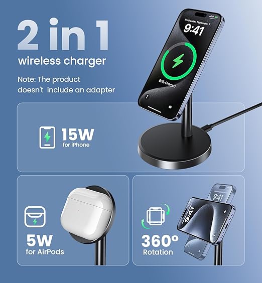 Magnetic Wireless Charger iPhone, 15W Fast Mag-Safe Charger Stand for iPhone 17/17 Air/17 Pro/17 Pro Max 16/15/14/13/12 Series, Wireless Charging Station for Pad/AirPods