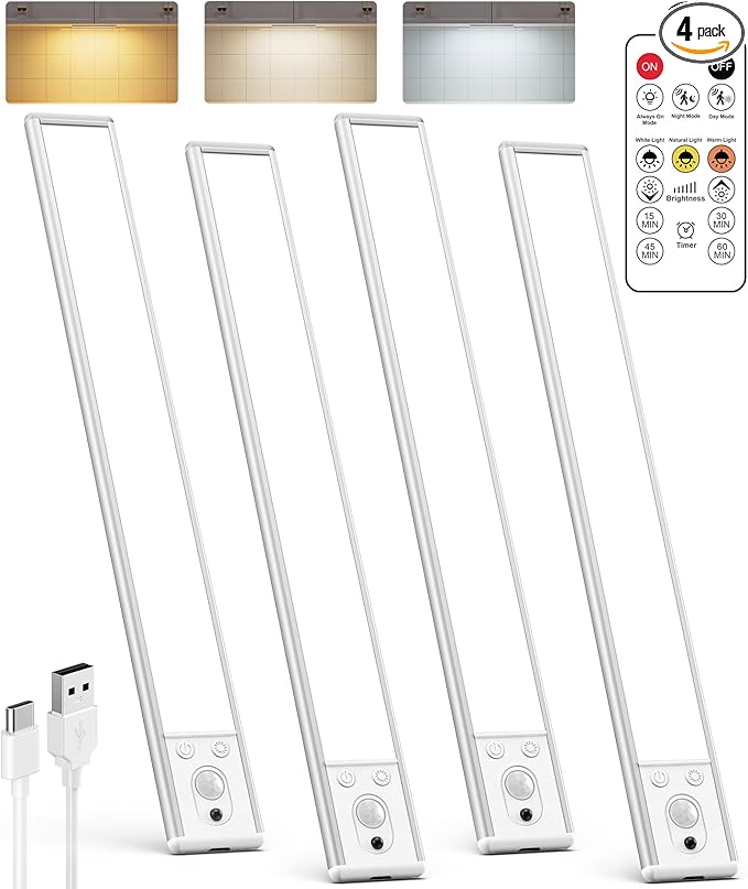 Under Cabinet Lighting Wireless, Rechargeable LED Motion Sensor Light Indoor, Closet Lights with Remote, Timer, 3 Color Temps & Dimmable Magnetic Under Counter Lights for Kitchen, Stairs, 4 Pack