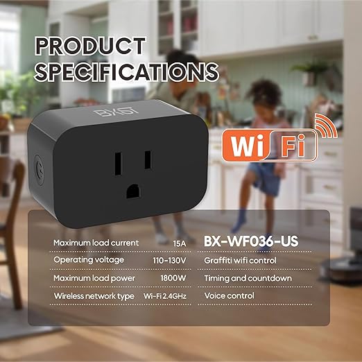 BXST WiFi Smart Plug 15A 1800W, Smart Outlet with Timer & Countdown, Voice Control with Alexa & Google Home, 2.4GHz WiFi Socket for Home Appliances, No Hub Required, CE FCC Listed, 2 Pack, Black