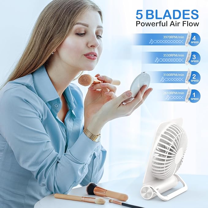 EasyAcc Small Travel Desk Fan, 4000 mAh Slim Portable Fan for Slumber Pod Camping, 180°Tilt Folding, Fully Foldable, Rechargeable, Office Desktop Desk Camping Travel Accessories
