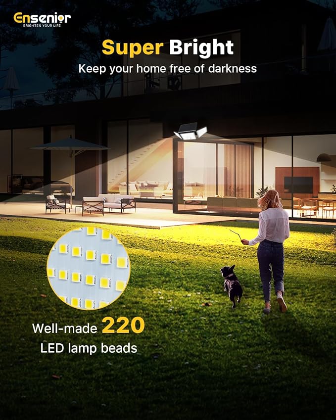 Ensenior Solar Motion Lights Outdoor, 3000LM 220 LED High Brightness Motion Sensor Outdoor Lights, 3 Head 4 Modes 270° Wide Angle Flood Lights IP65 Waterproof, Remote Control Security Lights, 4 Pack