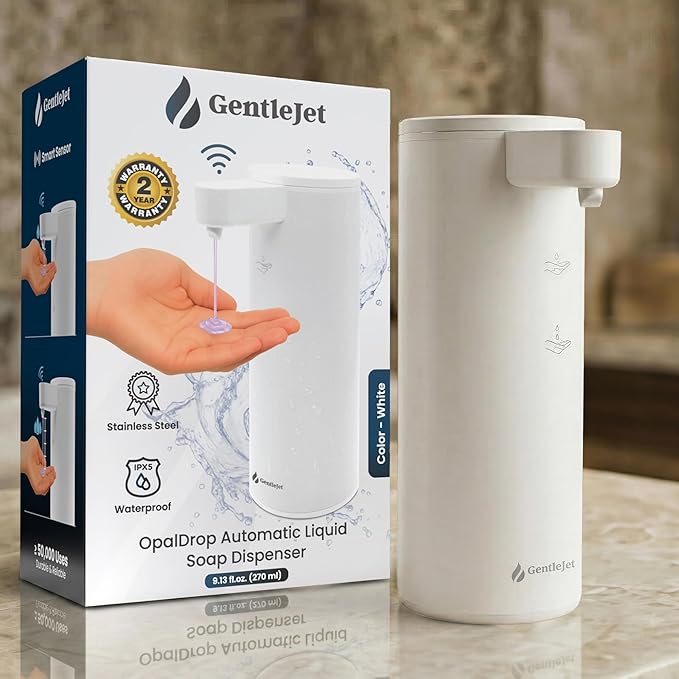 GentleJet OpalDrop Automatic Liquid Soap Dispenser for Kitchen Sink Touchless No-Drip Pump, USB-C Rechargeable, 304 Stainless Steel, IPX5 Water-Resistant, 270 ml
