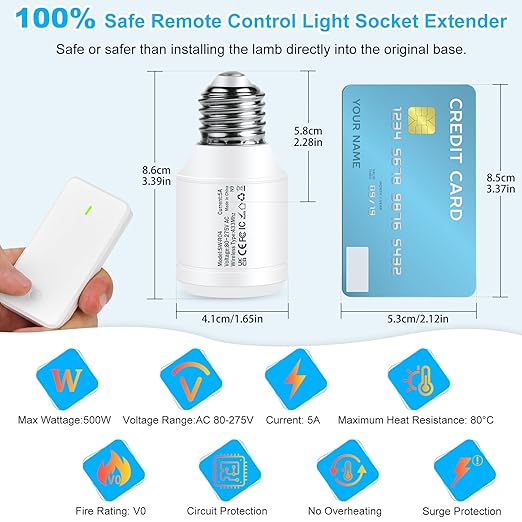 Remote Control E26 E27 Light Bulb Socket Adapter,GreenCyle 2PCS Wireless Light Switch and 1Standard Medium Base Lamp Socket Extender 2.3"(5.8cm),Screw-in,Max 500W,No Wiring Needed,500ft Range,for Lamp