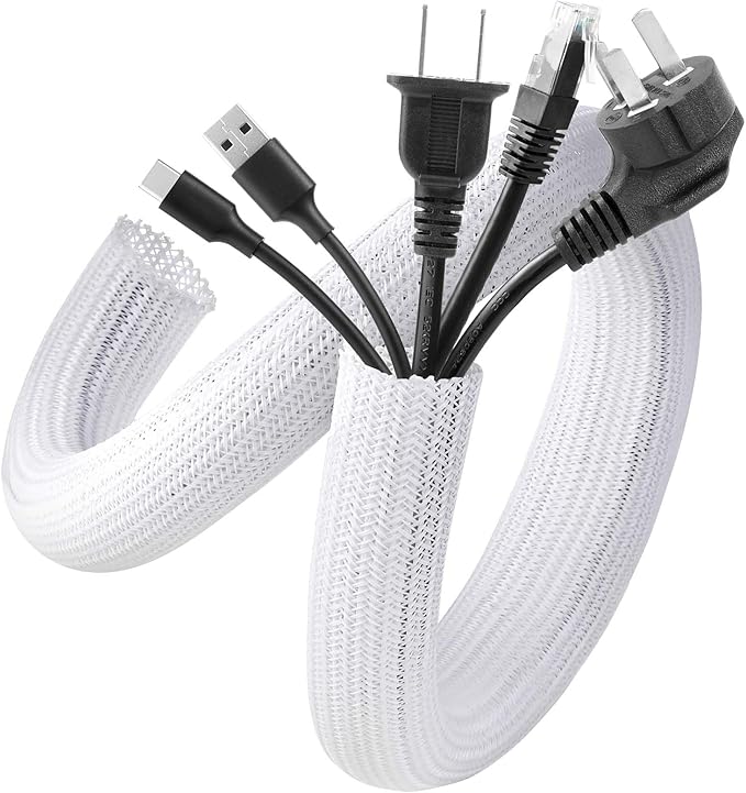 AGPTEK Cable Sleeve, 20ft - 1 inch Cable Management Desk Cord Cover Organizer Wire Hider for Home Office Computer TV Wire Loom Tubing Pet Proof Cord Protector from Cat Dog Chewing, White