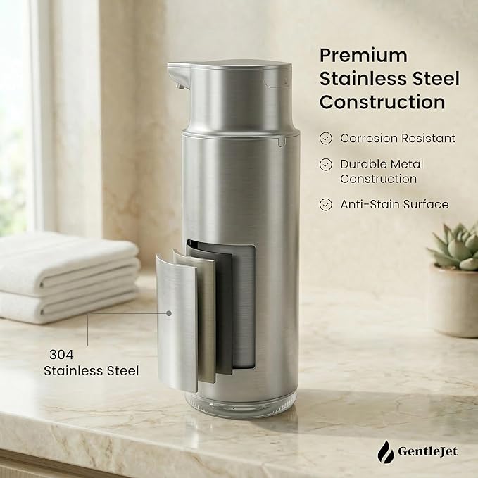 GentleJet CrystalJet Automatic Liquid Soap Dispenser Touchless Sensor, Stainless Steel, USB-C Rechargeable, Waterproof Kitchen & Bathroom Countertop Soap Dispenser, 300 ml
