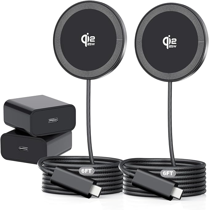 2Pack Magnetic Wireless Charger 25W Fast Charger for iPhone 17/16/15/14/13/12 Series & AirPods, Portable Wireless Charging Pad for Travel Home Office Desk, 6.6FT-Black with Plugs