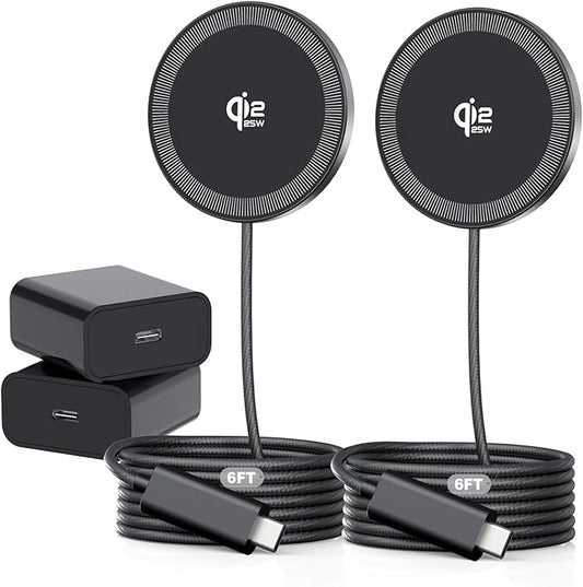 2Pack Magnetic Wireless Charger 25W Fast Charger for iPhone 17/16/15/14/13/12 Series & AirPods, Portable Wireless Charging Pad for Travel Home Office Desk, 6.6FT-Black with Plugs
