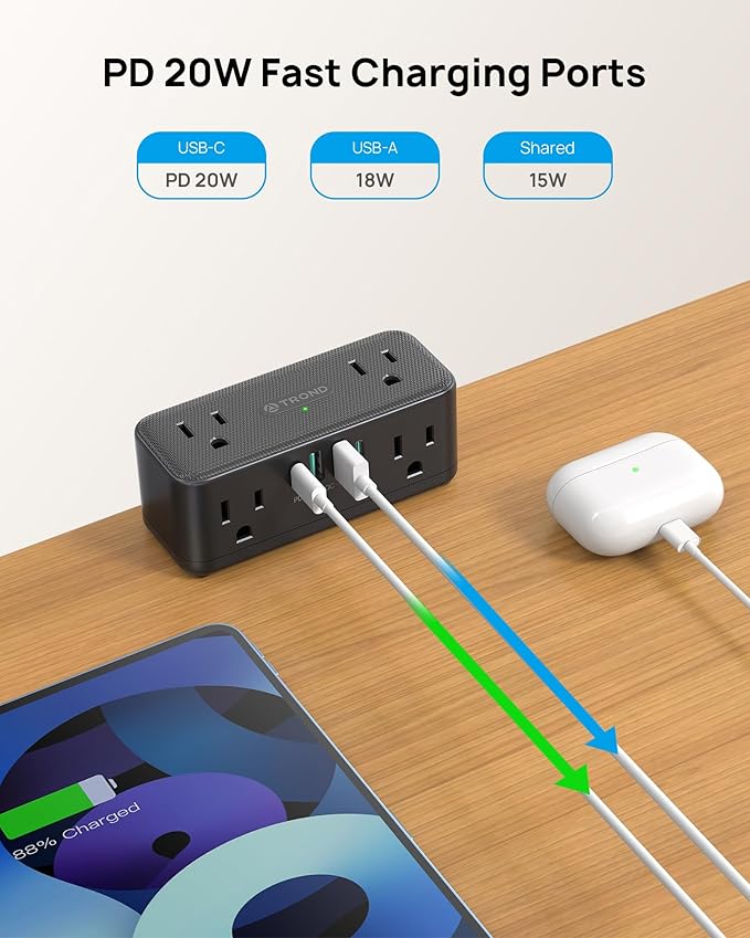 TROND Small Footprint Desk Clamp Power Strip with USB C PD 20W, Flat Plug Extension Cord Surge Protector 5ft, 6 Wide Space Outlets 4 USB, Fit 2.16" Tabletop Edge, Home Office Desk Accessories, Black