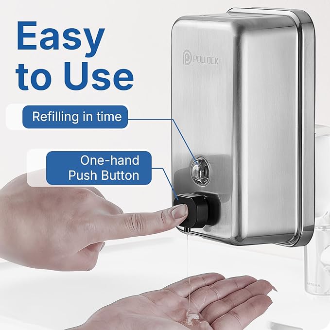 Commercial Soap Dispenser Wall Mounted, 37oz Stainless Steel Hand Soap Dsipenser, Liquid Manual Anti-Leak Pump Soap Dispenser, Rust-Proof Lining Liquid Hand Sanitizer Dispenser for Bathroom