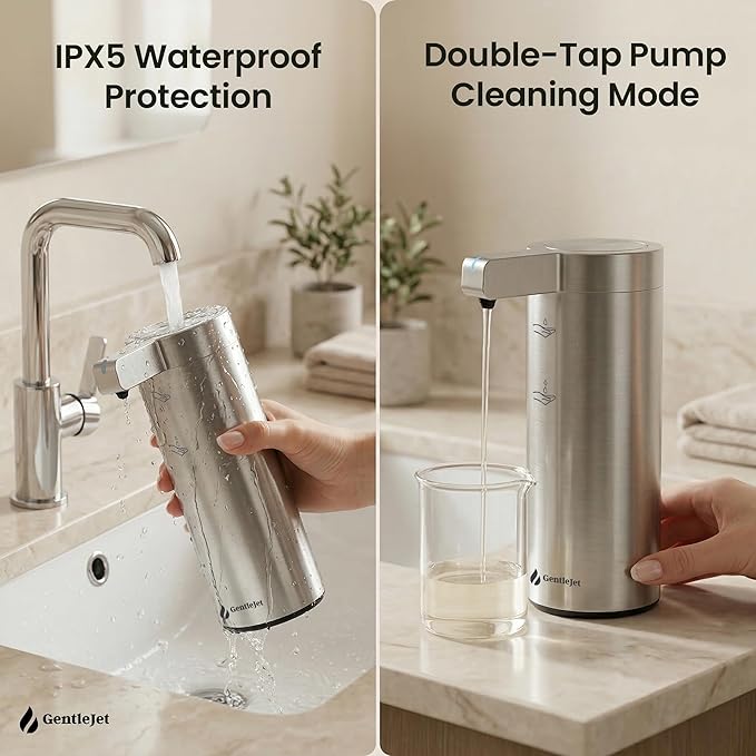 GentleJet SmoothDrop Automatic Liquid Soap Dispenser Touchless, No-Drip Precision Pump, USB-C Rechargeable, 304 Stainless Steel, Waterproof Countertop Dispenser for Kitchen & Bathroom Sink, 270 ml