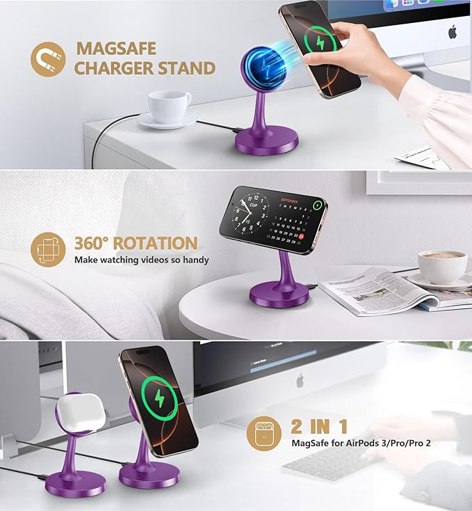 TXXTOL Magnetic Wireless Charger iPhone Stand, 15W Fast Mag-Safe Charger iPhone 17/17 Air/17 Pro/17 Pro Max 16/15/14/13/12 Series Magnet Wireless Charging Station/Pad/AirPods for Home, Office, Travel