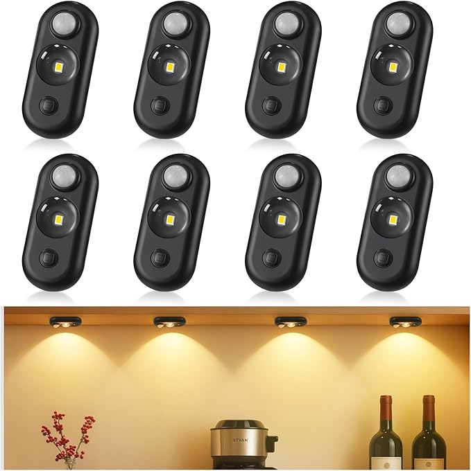LED Motion Sensor Puck Lights, Small Rechargeable Under Cabinet Light, Dimmable Warm White Closet Lights, Wireless Under Cabinet Lighting for Drawer, Kitchen (8 Pack)