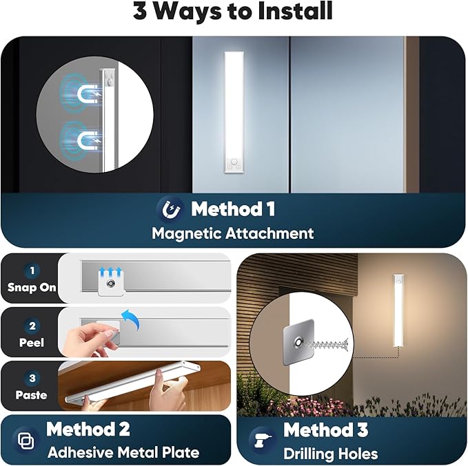 Brightever Under Cabinet Lights, 14inch Rechargeable Battery Operated Motion Sensor Lights Indoor, 3200mAh Wireless Magnetic Dimmable Under Closet Counter Night Lights for Kitchen Stair, 3 Packs