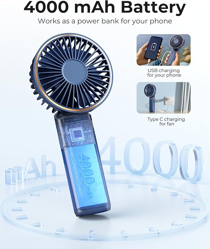 TUNISE Portable Handheld Fan, Portable Fan Rechargeable, 4000mAh, 180° Adjustable, 6 Speed Wind, Display Electricity in Real Time, USB Rechargeable Foldable F an, Quiet Personal Fan with Power Bank