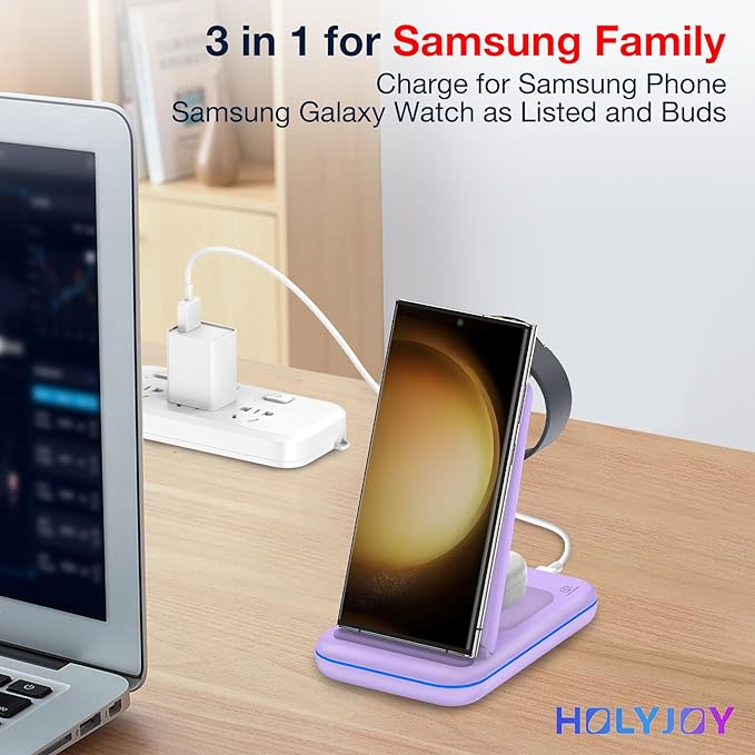 Multi Charger for Samsung, Foldable Charger ONLY for Galaxy Watch Ultra/7/6/5/4/3/Active 2, Travel 3 in 1 Fast Charging Station/Dock for Samsung S24/S23/S22/S21/S20/Note 20, for Buds 3/2 Pro(Violet)